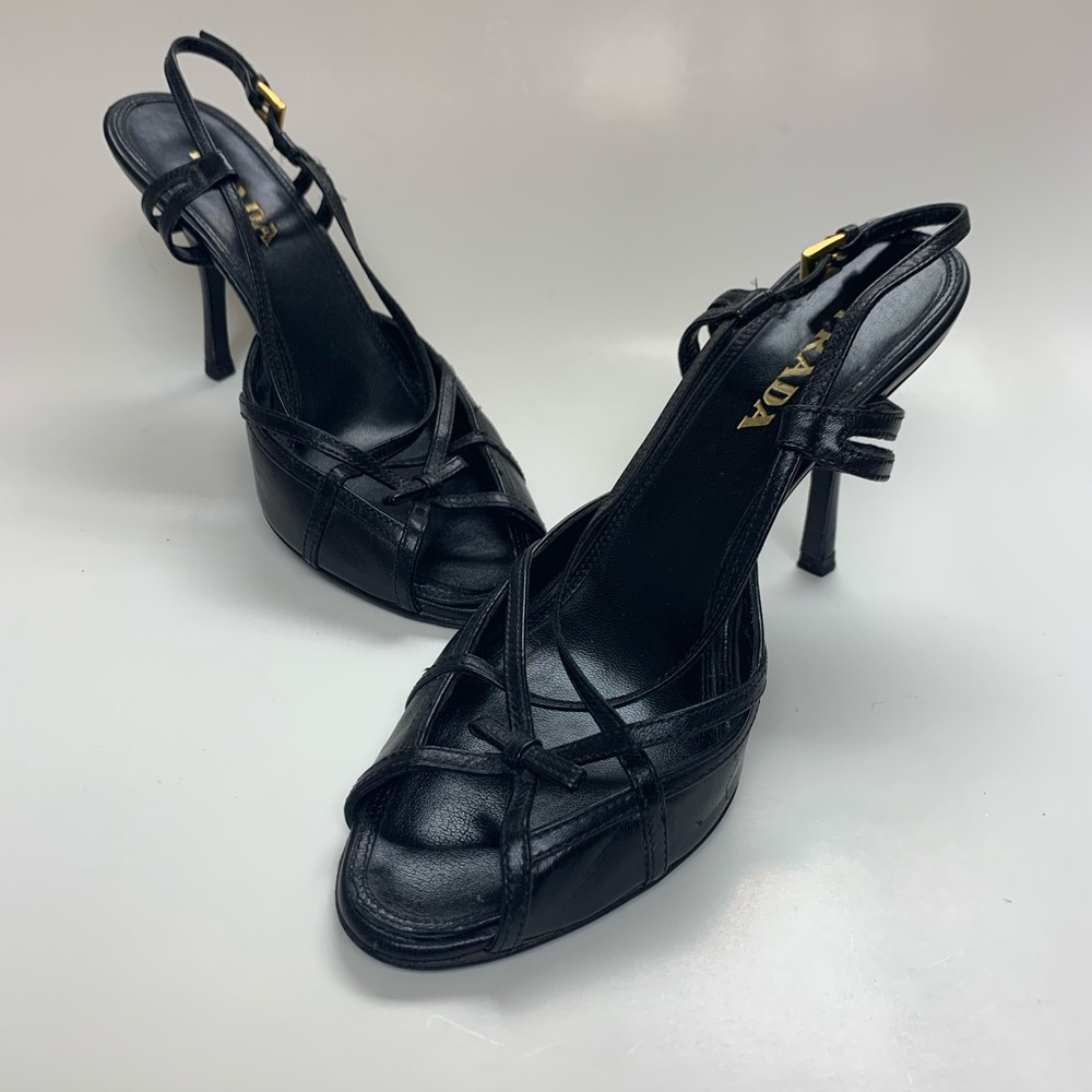 PRADA Black Leather Strappy slingback heels Pumps